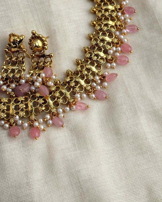Pink Beaded Antique Lace Necklace Set