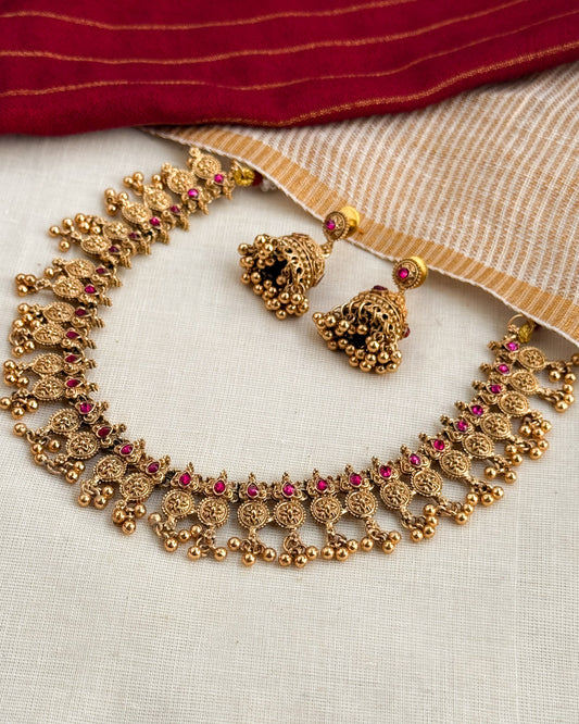Ruby Stone Gungroo Coin Necklace-AN106