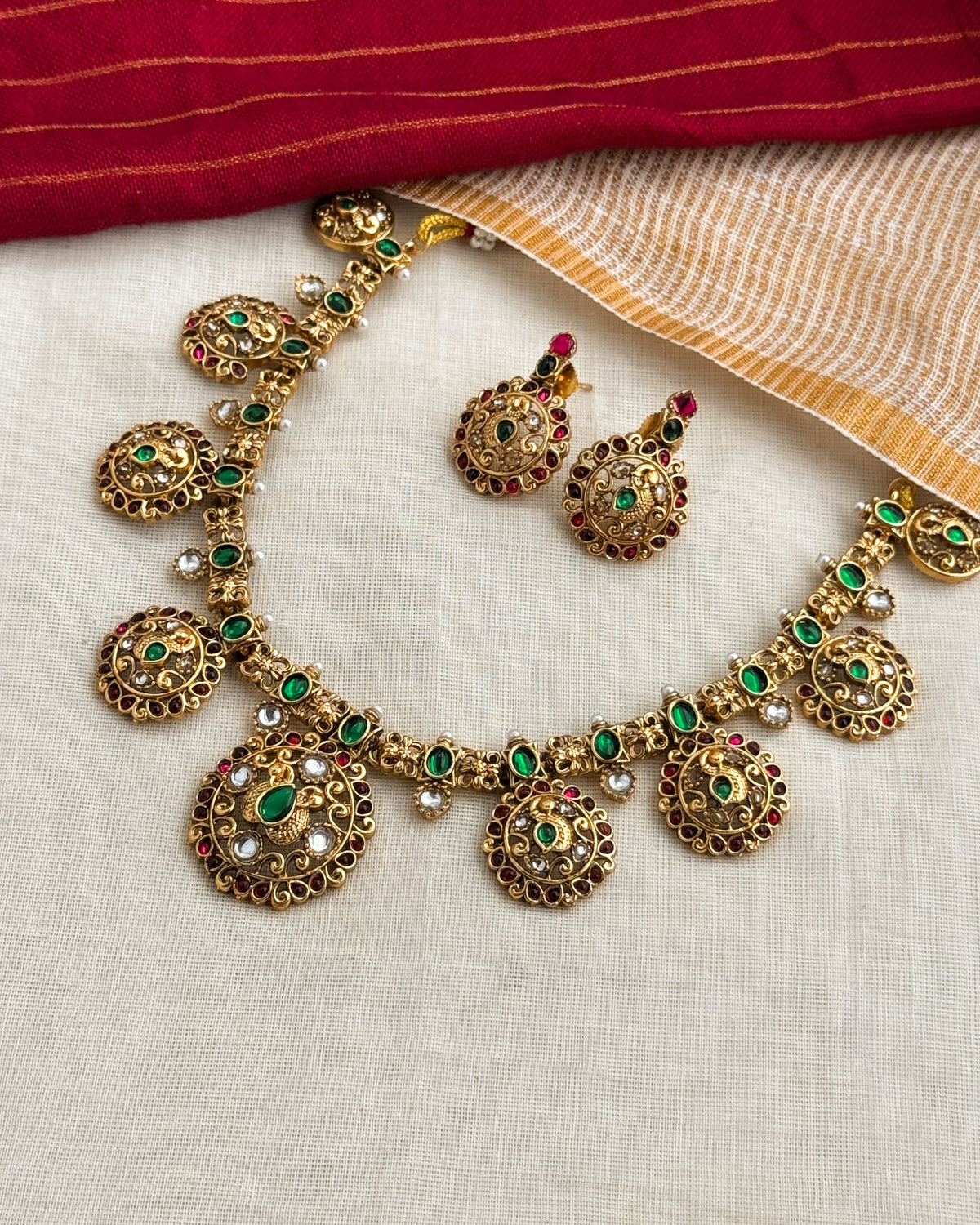 Traditional kempu stone multistone multi pendend necklace-AN081