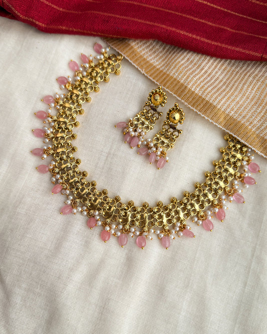 Pink Beaded Antique Lace Necklace Set