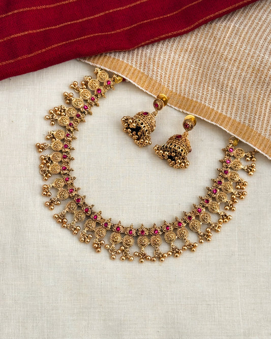 Ruby Stone Gungroo Coin Necklace-AN106