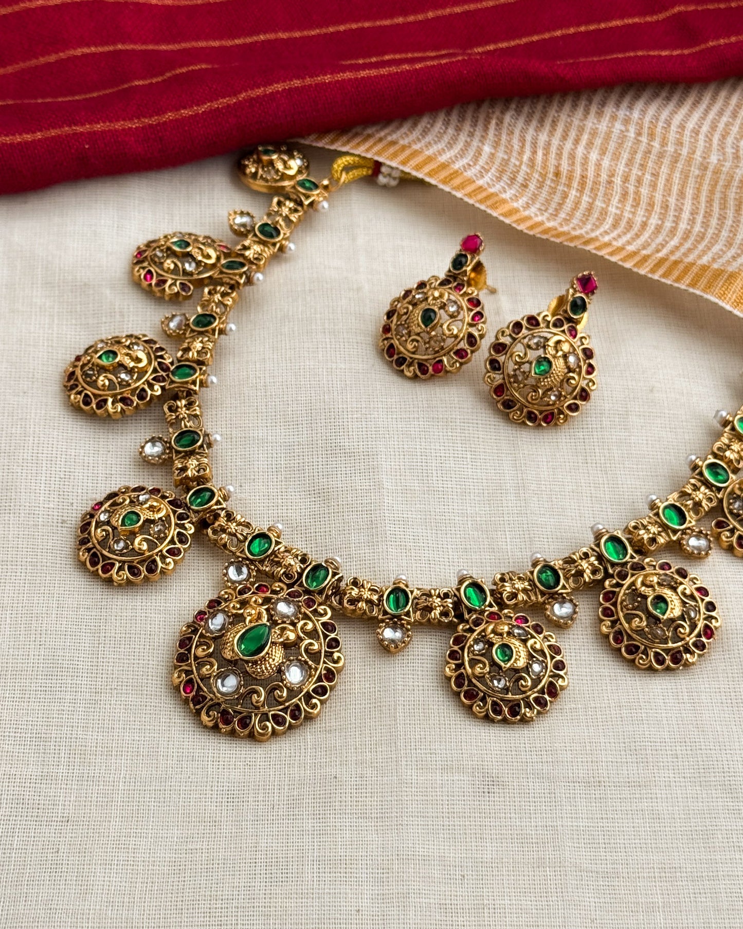 Traditional kempu stone multistone multi pendend necklace-AN081